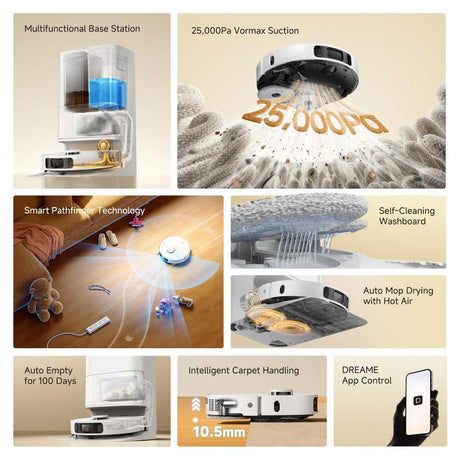 Robot vacuum base station with diagrams showing suction, self-cleaning, and auto-empty
