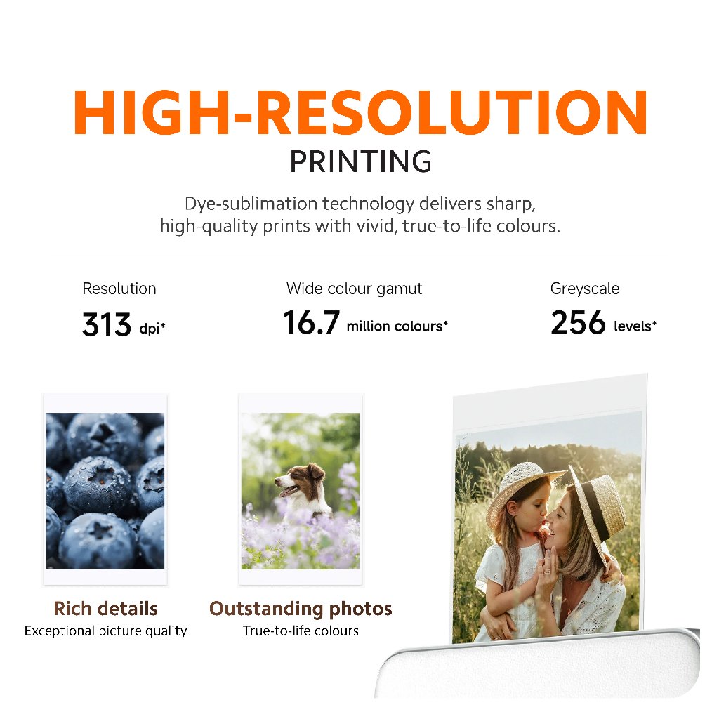 Portable photo printer feature panel showing high-resolution printed photo samples.