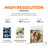 Portable photo printer feature panel showing high-resolution printed photo samples.