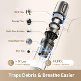 Cordless stick vacuum showing multi-stage filter system near dust cup