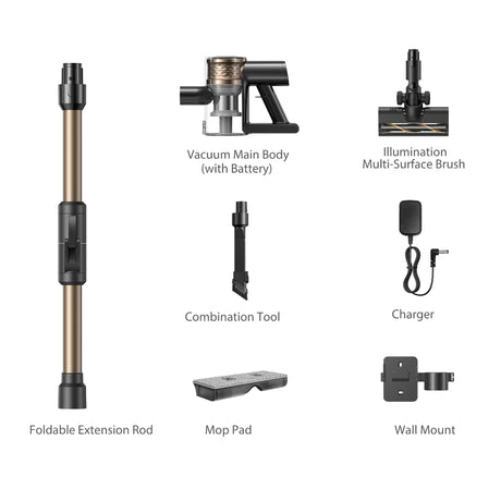 Cordless stick vacuum kit with extension rod, tools, mop pad, and wall mount