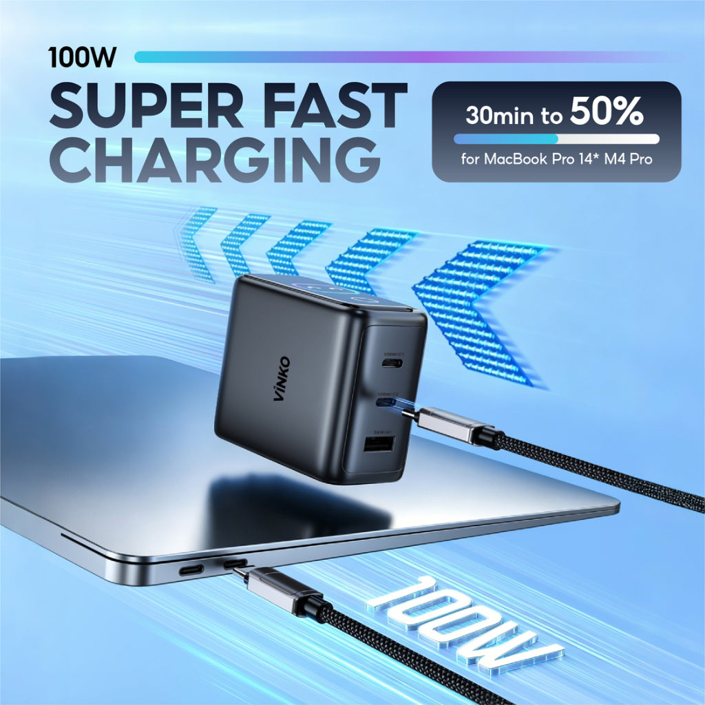 VINKO KN-2D 100W 3-Port GaN Charger with Smart Display