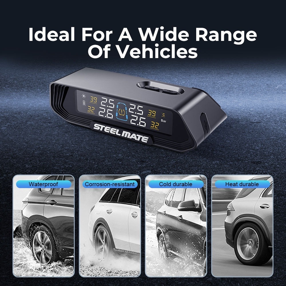 Solar TPMS display monitor with top mounting slot and large digital readout, black housing
