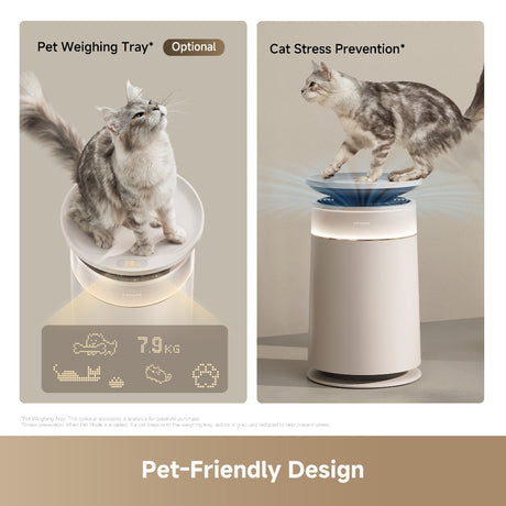 Dreame FP10 air purifier with pet weighing tray insert and cat images