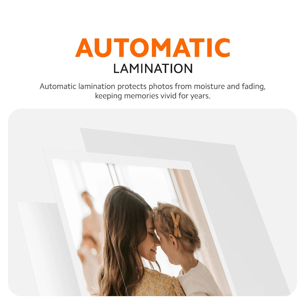Portable photo printer feature panel highlighting automatic lamination photo protection.
