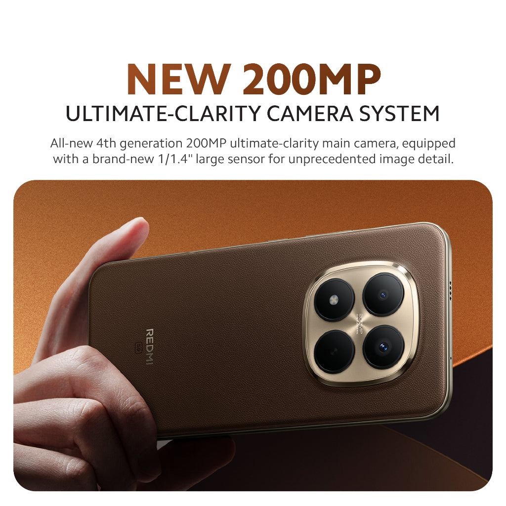 Smartphone rear with quad cameras held in hands; 200MP camera system graphic