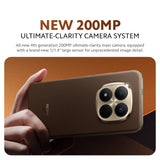 Smartphone rear with quad cameras held in hands; 200MP camera system graphic