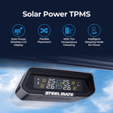 Solar TPMS display monitor with blue backlit tire pressure and temperature digits, black body