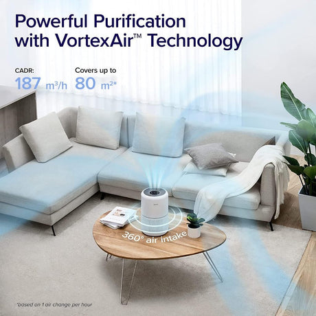 White air purifier on coffee table in a bright living room