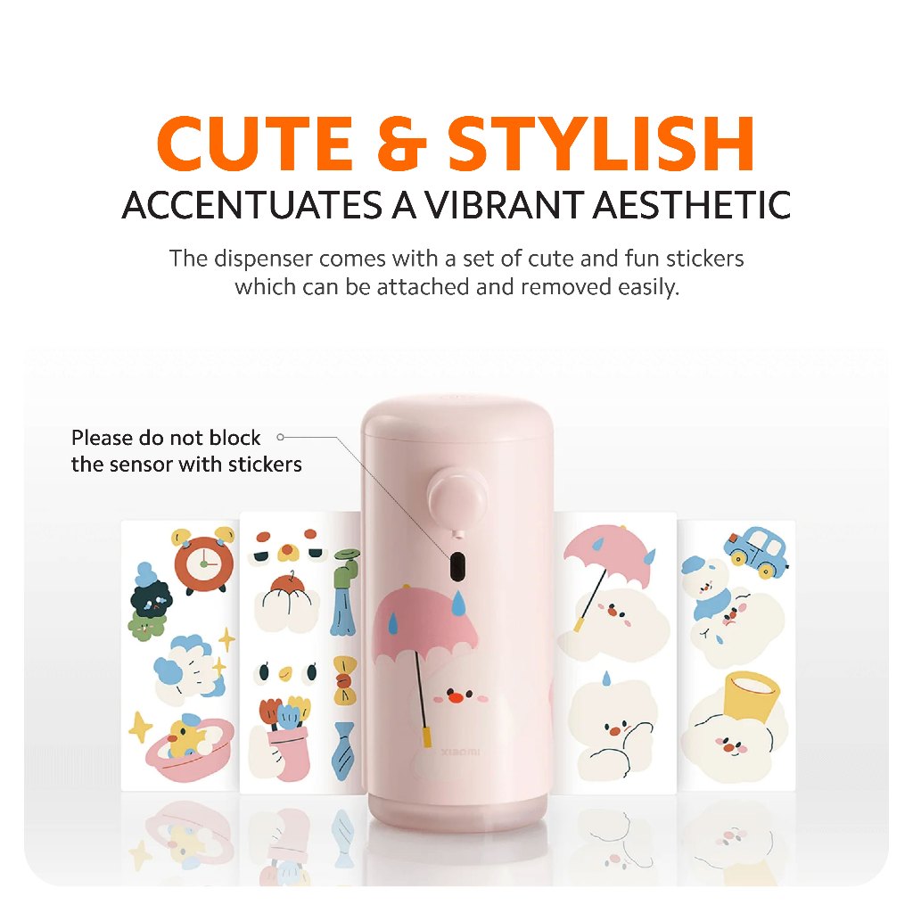 Automatic soap dispenser, pink body with round sensor window and sticker sheet