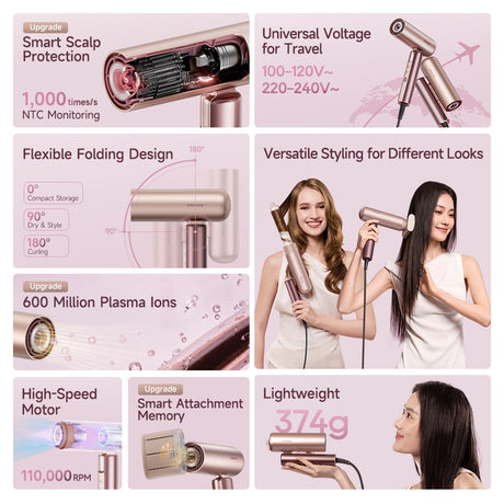 Portable hair dryer set with folding design and multiple styling attachments