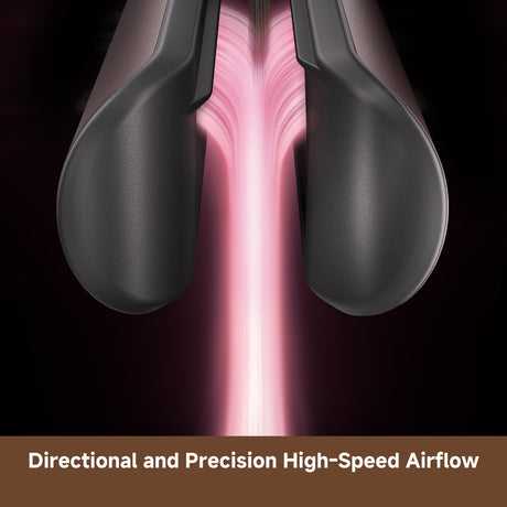 Close-up of rose gold hair styler airflow outlet with vented nozzle stream