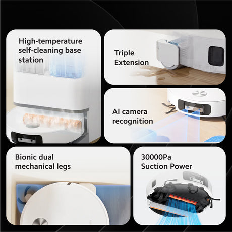 Robot vacuum product features collage with multiple close-up views