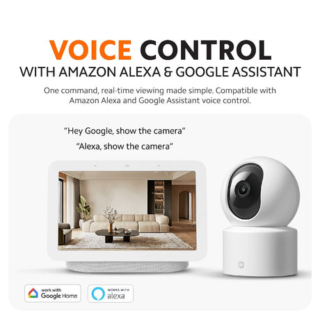 Voice control security camera concept with smart speaker and phone app preview