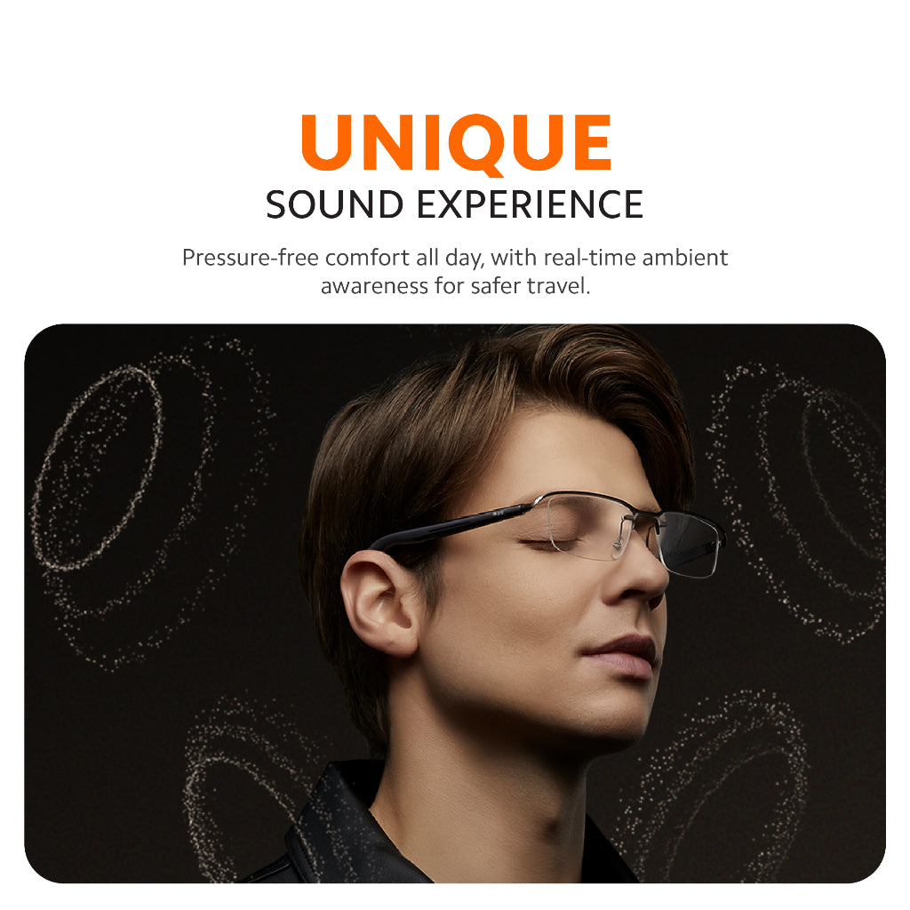 Smart audio glasses on model, dark frame with clear lenses and slim temples