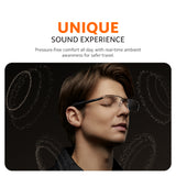 Smart audio glasses on model, dark frame with clear lenses and slim temples