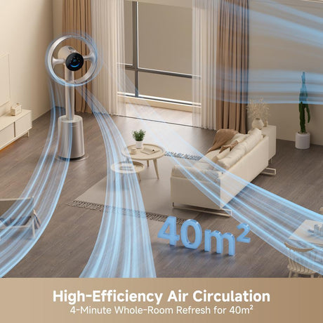 Bladeless standing fan with airflow stream reaching across the room, metallic finish