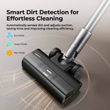 Cordless stick vacuum floor nozzle, silver handle and black brush head.