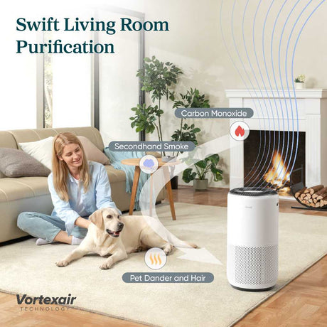 White tower air purifier with circular top grille and front perforations