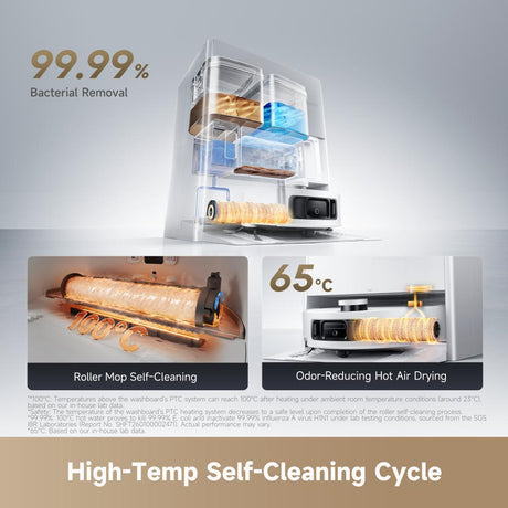 Robot vacuum mop with transparent self-cleaning chamber and blue roller