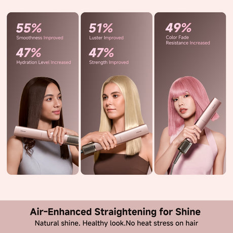 Air-enhanced hair straightener used on three models for shine and smoothness