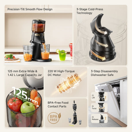 Black slow juicer with large top hopper and visible processing chute, with cups shown