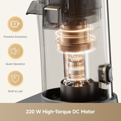 Black slow juicer with close-up of stainless motor and internal spinning gears