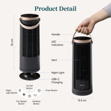 Black tower fan product detail showing handle, vents, LED indicators, USB-C charging