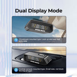 Solar TPMS monitor with dual display screen on dashboard, black and gray body