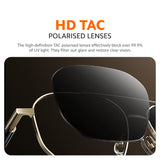 Smart audio glasses with large dark TAC-style polarized lenses and clear temples