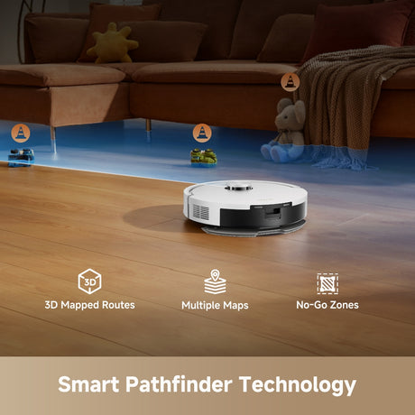 White robot vacuum cleaner navigating hardwood with mapped routes icons