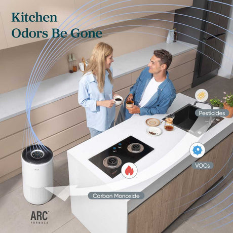 White air purifier with top vent grille and perforated front intake