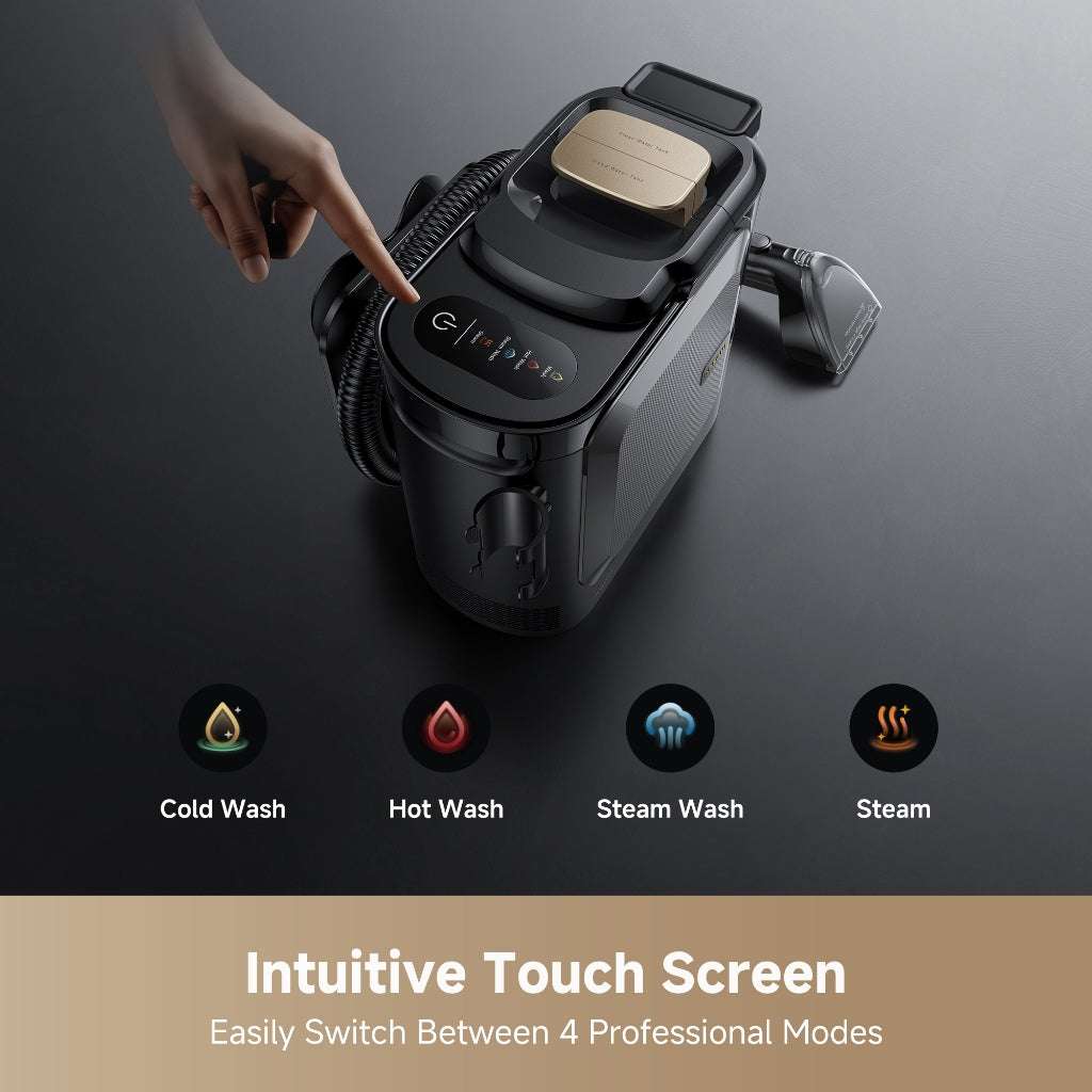 Black steam spot cleaner with touch controls and mode icons on the front panel
