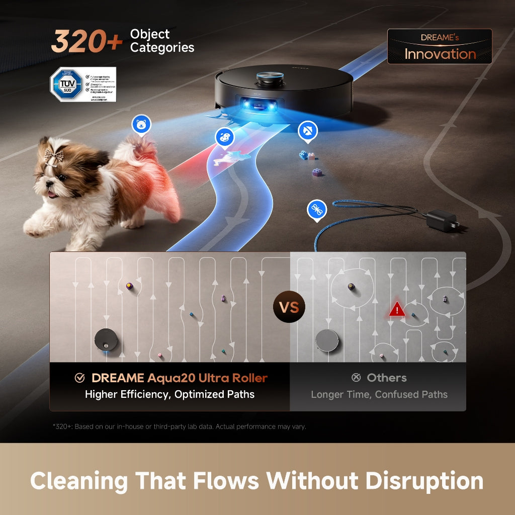 Robot vacuum with blue navigation mapping lines and front roller mop pad