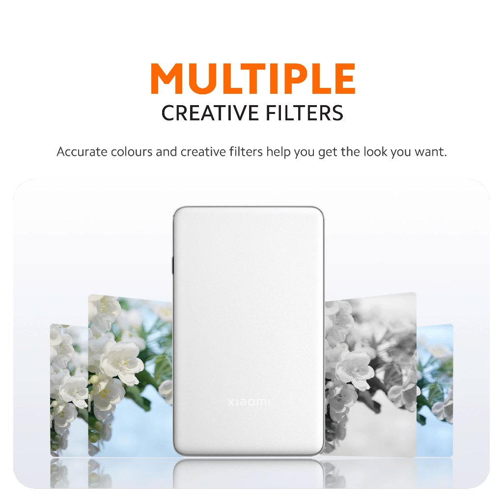Portable photo printer feature panel with multiple creative filter photo previews.