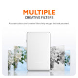 Portable photo printer feature panel with multiple creative filter photo previews.