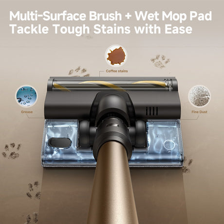 Multi-surface brush head with wet mop pad attachment for tough stain cleaning