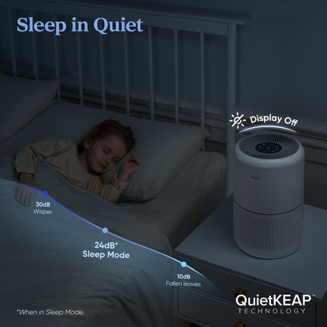White Levoit air purifier with display icons for quiet sleep mode