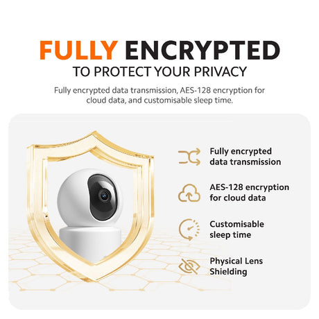 Encrypted data shield graphic with security camera lens illustration