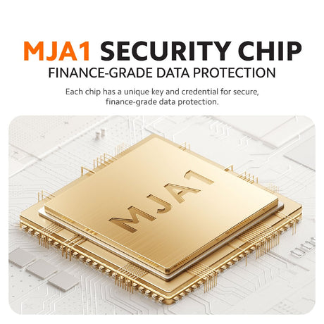 Gold security chip graphic with MJ A1 marking for secure camera data
