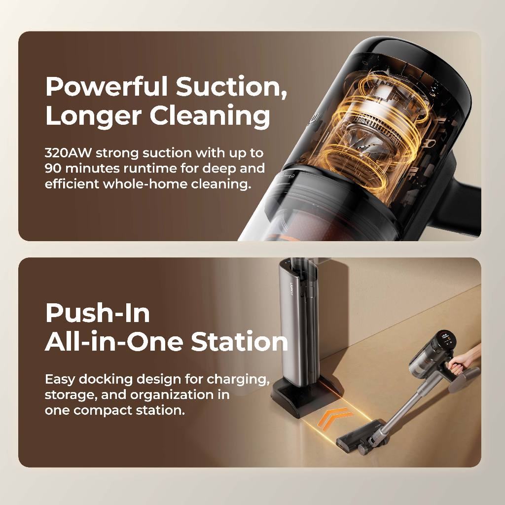 Cordless stick vacuum with clear dust canister and nozzle, silver and black.