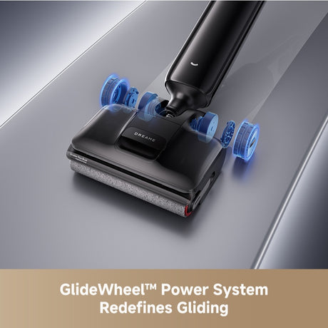 Wet and dry vacuum floor brush head with rotating roller and blue glider wheels