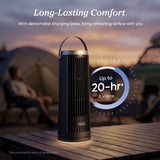 Black portable tower fan standing on a wooden deck with top handle