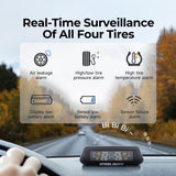 Solar TPMS monitor on car dashboard with tire pressure and temperature indicators, black