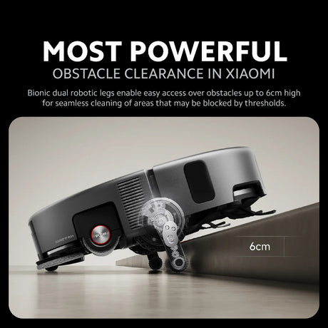 Robot vacuum with low-profile obstacle clearance legs for threshold and stair access