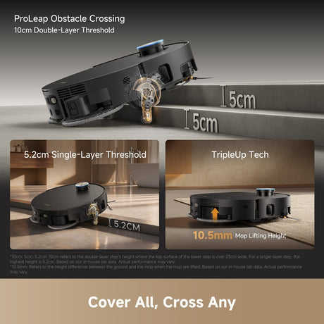Robot vacuum crossing obstacle threshold illustration, matte black.