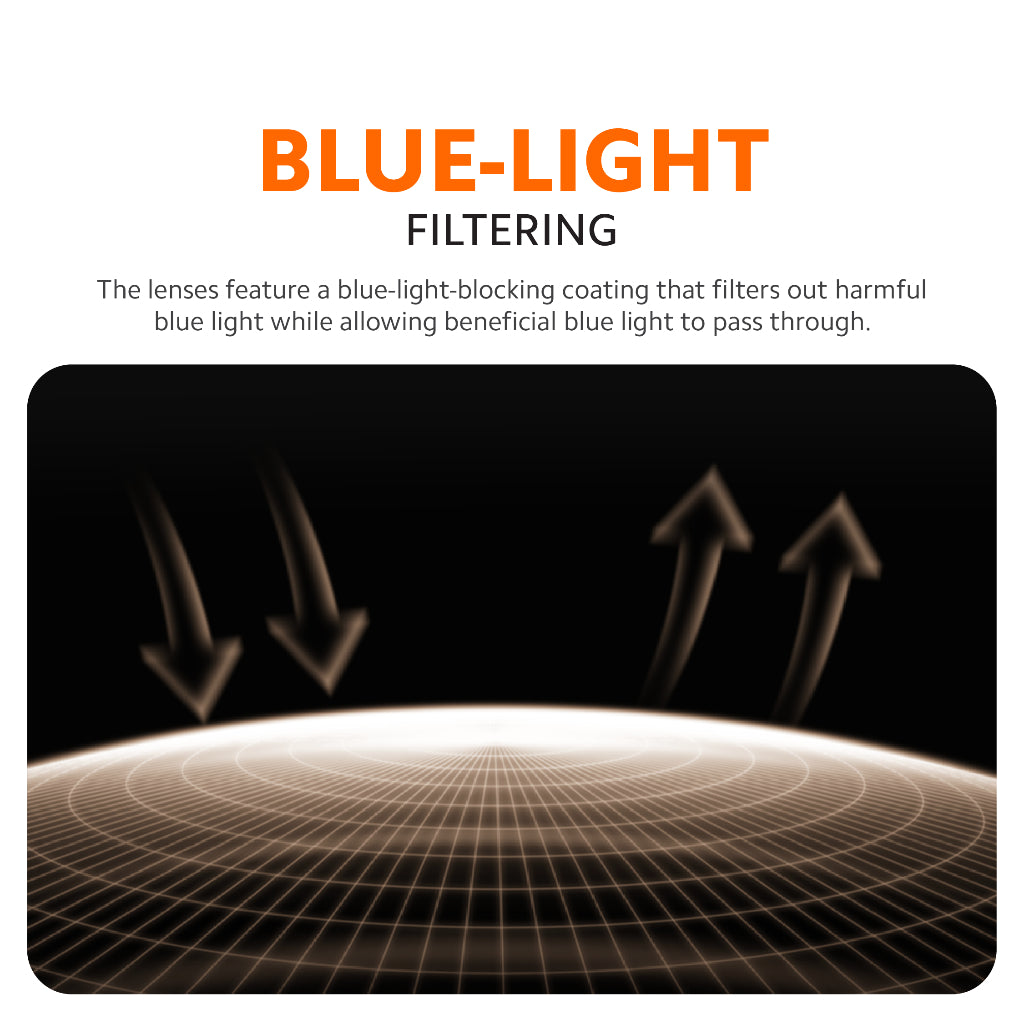 Smart audio glasses lens graphic with dark tint and blue-light filtering arrows