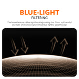 Smart audio glasses lens graphic with dark tint and blue-light filtering arrows
