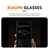 Smart audio glasses with app screen on smartphone showing connected device features