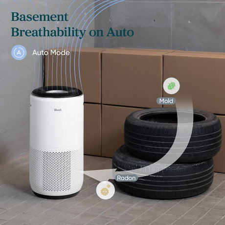 White tower air purifier with top grille and front perforated side